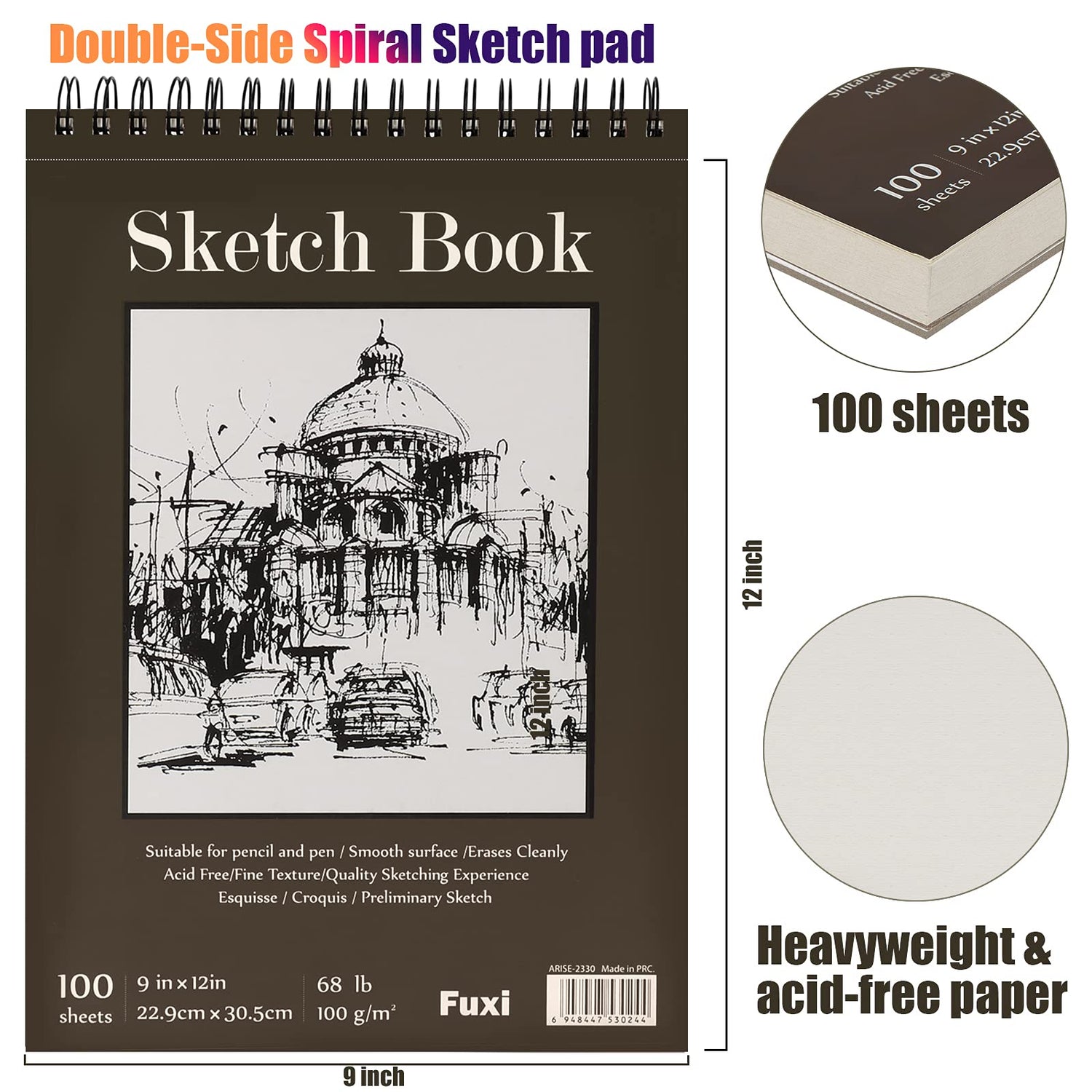 9 x 12 inches Sketch Book, Top Spiral Bound Sketch Pad, 1 Pack 100-Sheets (68lb/100gsm), Acid Free Art Sketchbook Artistic Drawing Painting Writing Fuxi