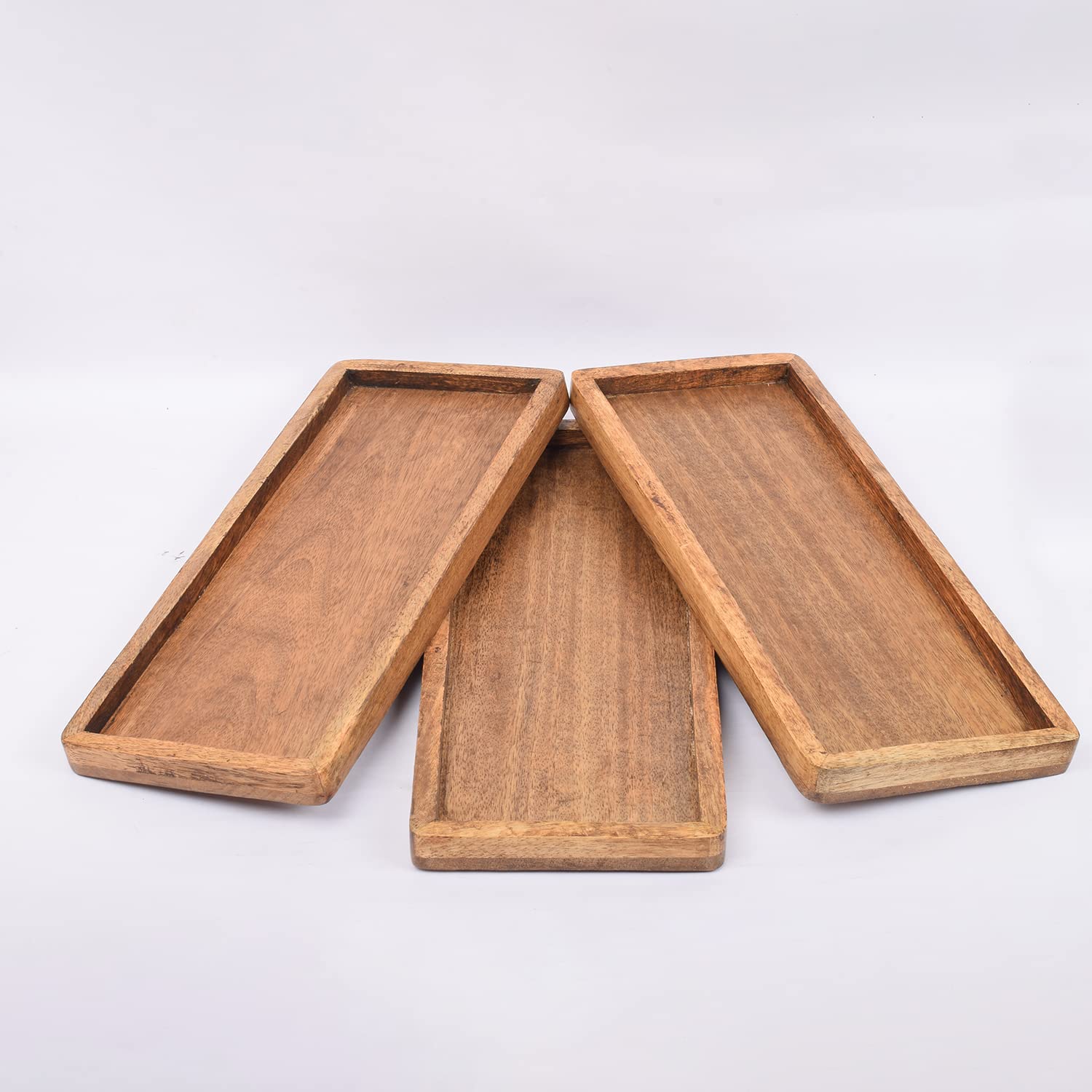 Samhita Mango Wood Serving Platter with Raised Edge -Set of 3 for Display Fruit Snacks Appetizer Sushi Food Decorative (12" x 5" x 0.75") - WoodArtSupply