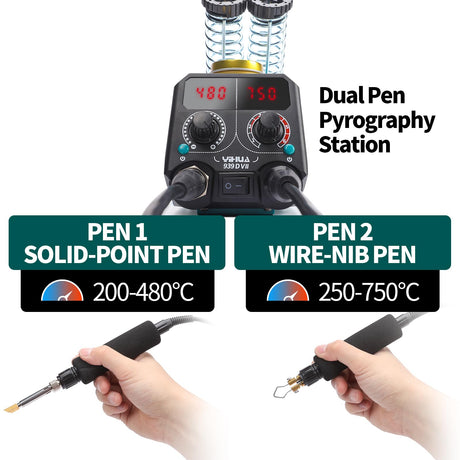 YIHUA 939D-VII Pyrography Tool Wood Burning Pen Kit Station 2-in-1 Solid-Point 200~480°C (with Temp Display)/Wire-Nib 250~750°C with 23 Nibs, 25 YIHUA