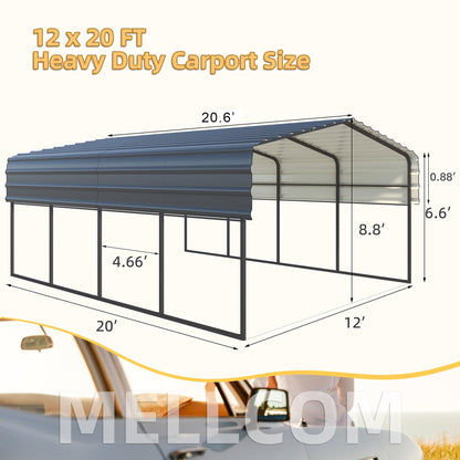 MELLCOM 12 x 20 ft Carport with Galvanized Steel Roof - 12' x 20' x 8.6' Multi-Use Shelter, Sturdy Metal Carport for Cars, Boats, and Tractors