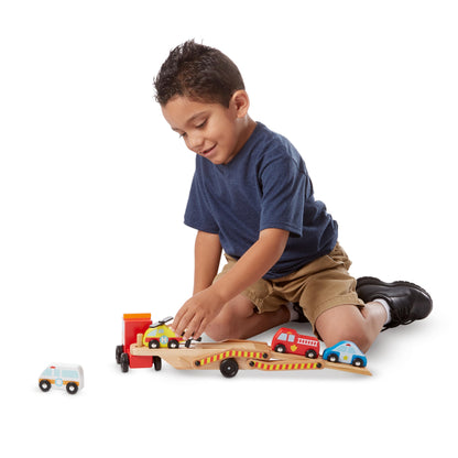 Melissa & Doug Wooden Emergency Vehicle Carrier Truck With 1 Truck and 4 Rescue Vehicles - WoodArtSupply