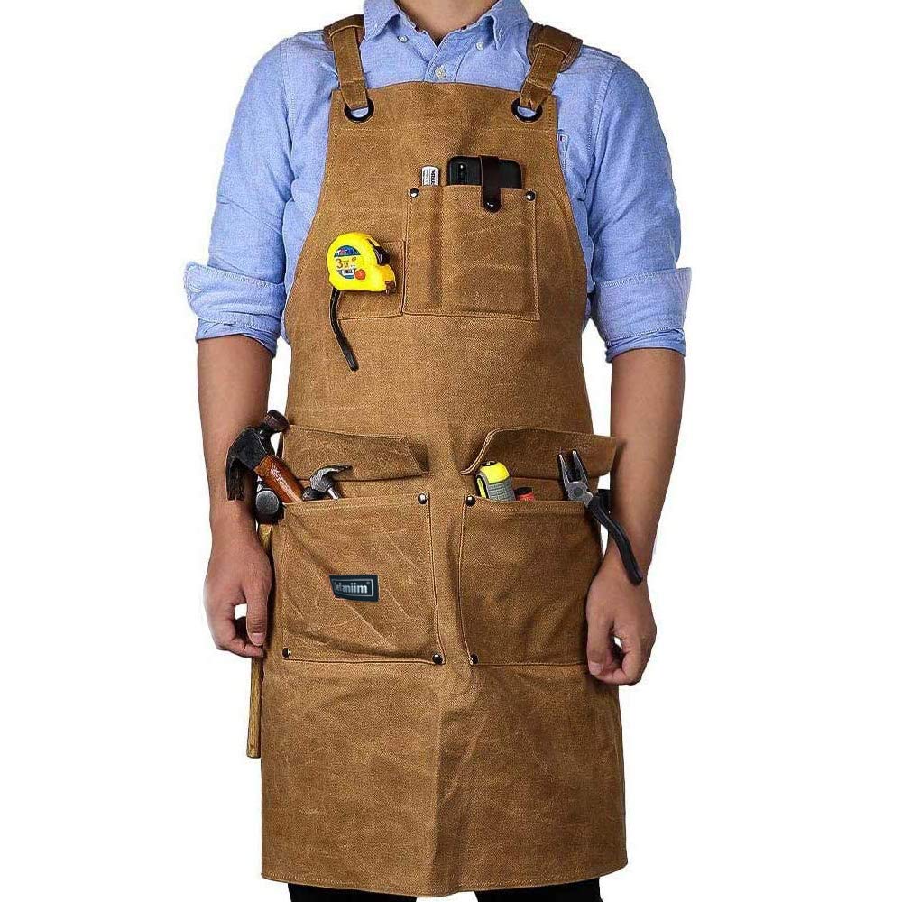 Waxed Canvas Shop Apron for Men & Women.Woodworking Aprons Heavy Duty Work Apron with Pockets. Big Bulk Tool Apron with Adjustable Cross-Back - WoodArtSupply