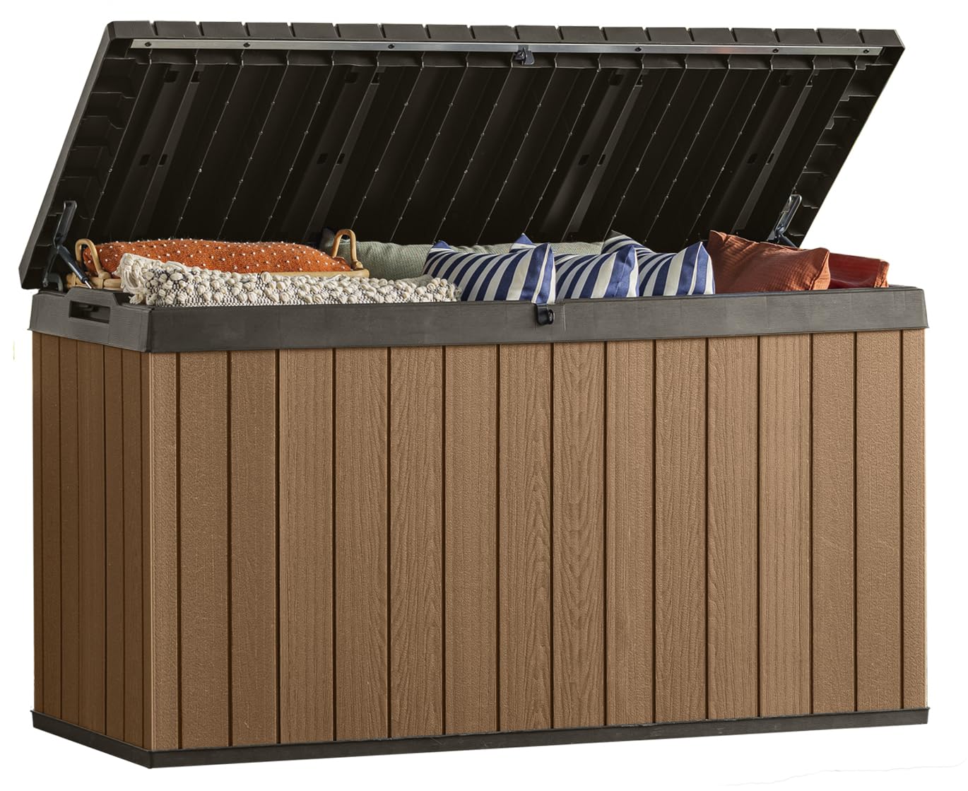 Keter Darwin 150 Gallon Resin Large Deck Box - Organization and Storage for Patio Furniture, Outdoor Cushions, Garden Tools and Pool Toys, Brown & Keter