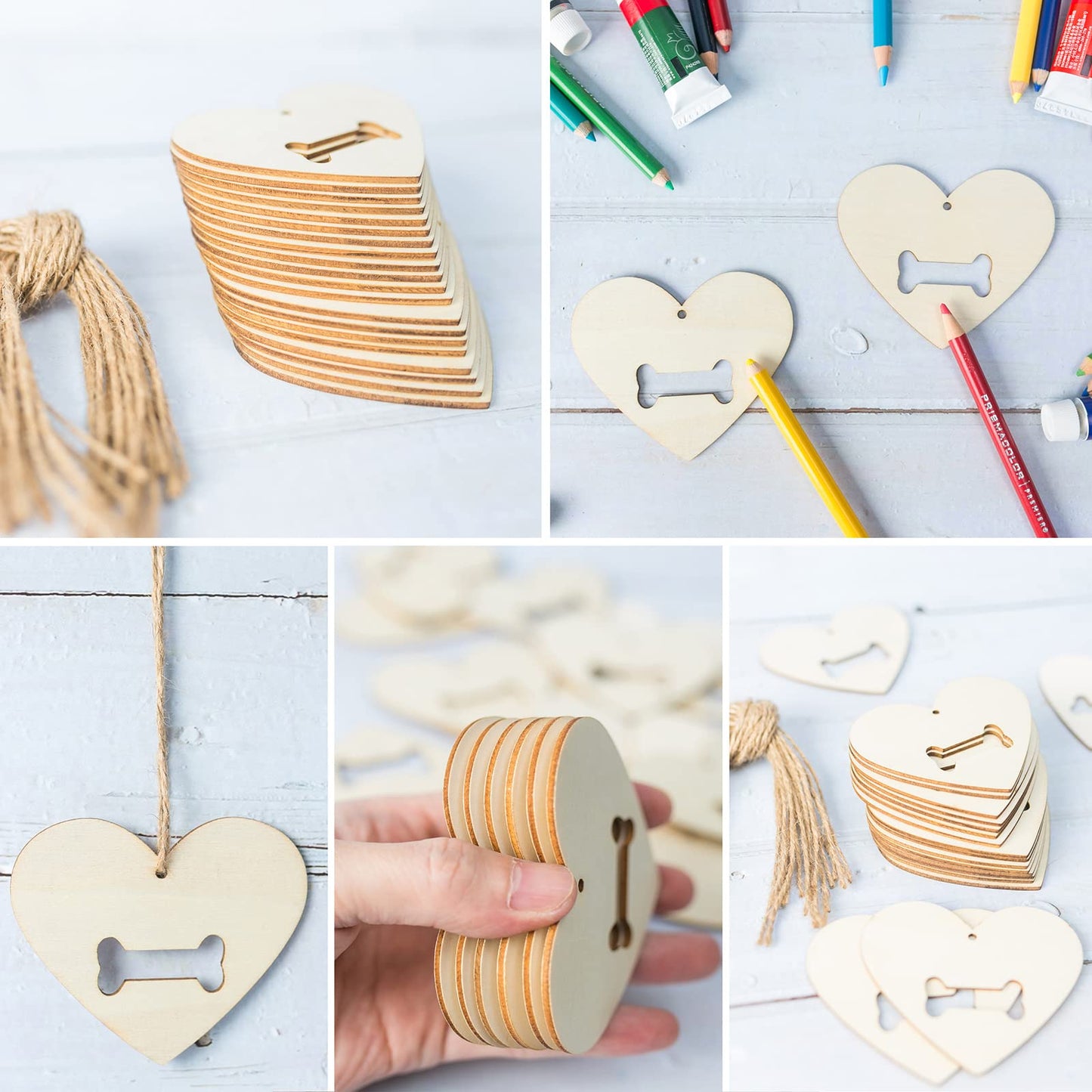 Heart Shape Wooden Dog Bone Wooden Blank Wood with Twines Art Unfinished Ornaments for Christmas Wedding Birthday Party Valentine's Day Decoration