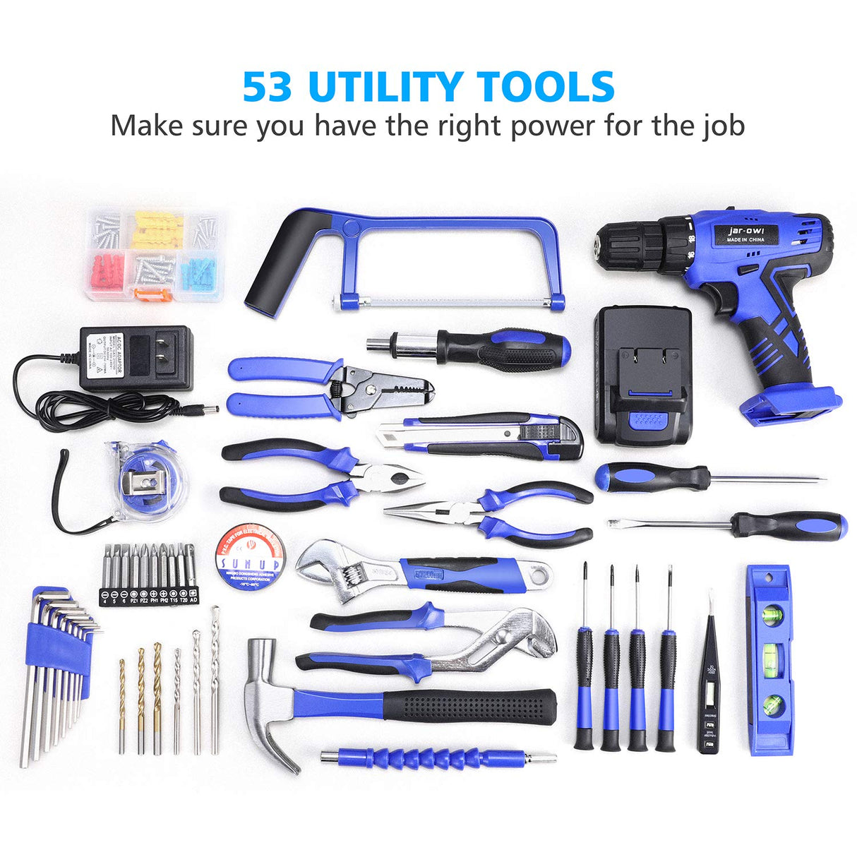 112 Piece Power Tool Combo Kits with 21V Cordless Drill, Professional Household Home Tool Kit Set with DIY Hand Tool Kits for Garden Office House jar-owl