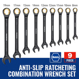 WORKPRO 9-Piece Anti-Slip Ratcheting Combination Wrench Set, Metric 8-19 mm, 72-Tooth, Cr-V Constructed, Black Ratchet Wrenches Set with Roll Up WORKPRO
