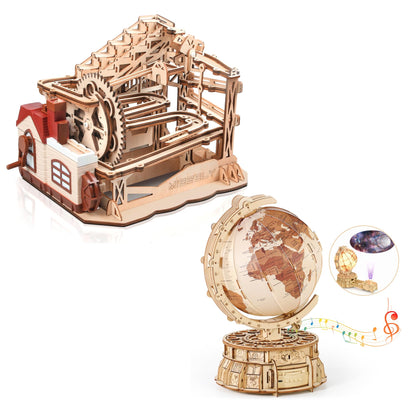 MIEBELY 3D Wooden Puzzles for Adults Bundle Set - Marble Run Model Building Kits & Illuminous Music Box Globe, Unique Gift Hobby for Boys Girls - WoodArtSupply