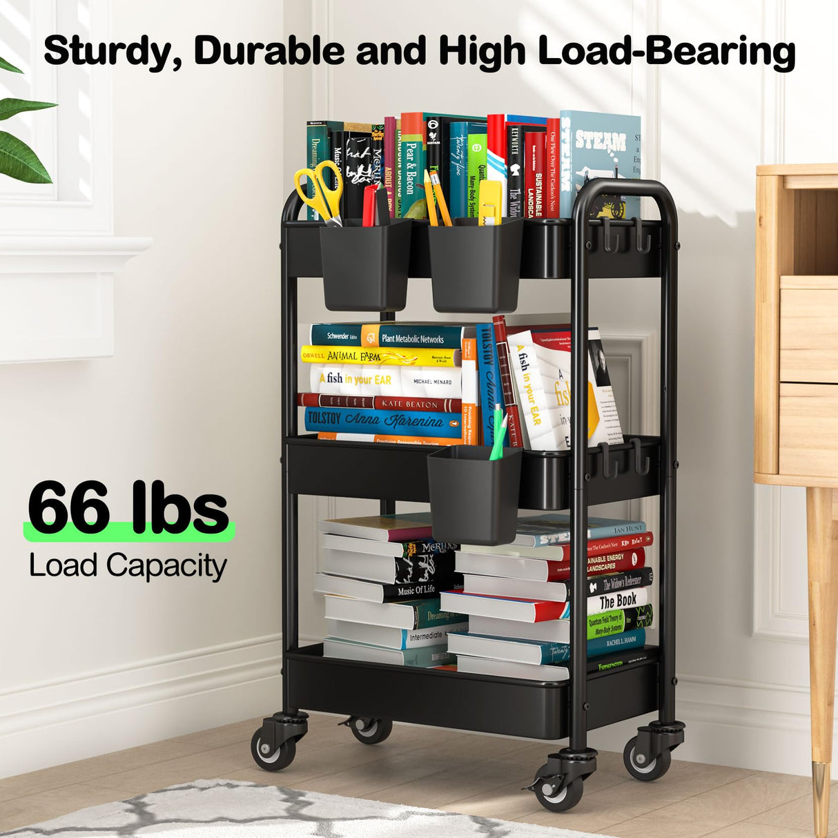 YASONIC 3 Tier Rolling Cart - Metal Utility Cart with 3 Hanging Cups & 4 Hooks, 66LBS Capacity, Mesh Rolling Storage Cart Organizer, Easy Assembly, YASONIC