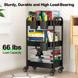 YASONIC 3 Tier Rolling Cart - Metal Utility Cart with 3 Hanging Cups & 4 Hooks, 66LBS Capacity, Mesh Rolling Storage Cart Organizer, Easy Assembly, YASONIC