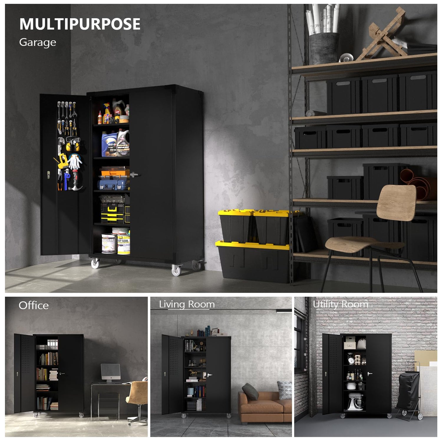 VINGLI Upgraded 72" Tall & Wide Metal Storage Cabinet with Pegboards in Doors and 4 Adjustable Shelves, Black Garage Cabinet and Storage System with VINGLI