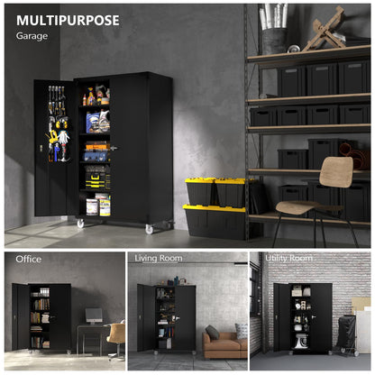 VINGLI Upgraded 72" Tall & Wide Metal Storage Cabinet with Pegboards in Doors and 4 Adjustable Shelves, Black Garage Cabinet and Storage System with