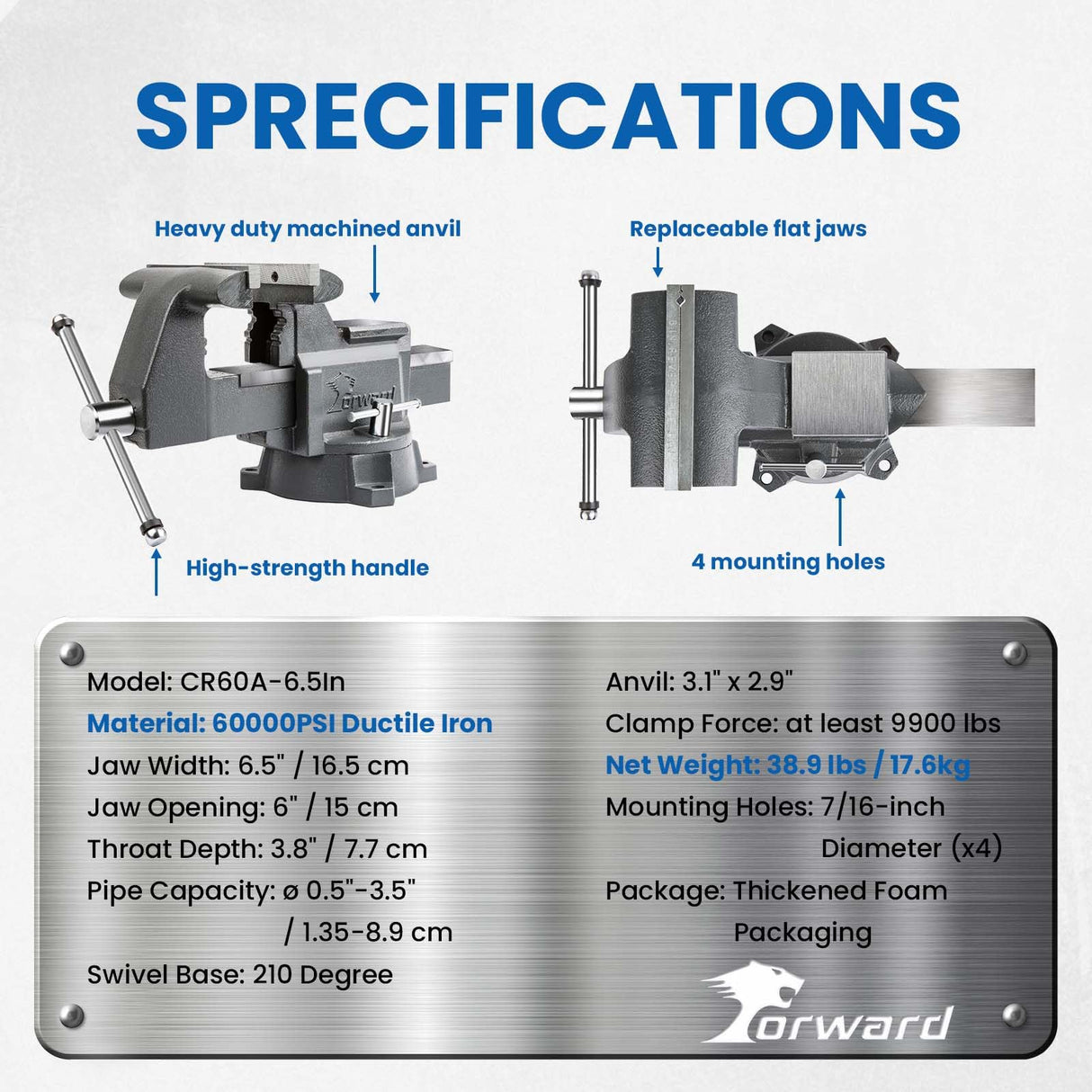 Forward CR60A 6.5-Inch Bench Vise Swivel Base Heavy Duty with Anvil (6 1/2") Gray Forward