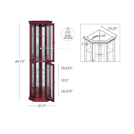 BELLEZE Lighted Wooden Corner Display Curio Cabinet, Two Section Shelving Unit with Tempered Glass Door, Bar and Liquor Storage Area with 6 Shelves - BELLEZE