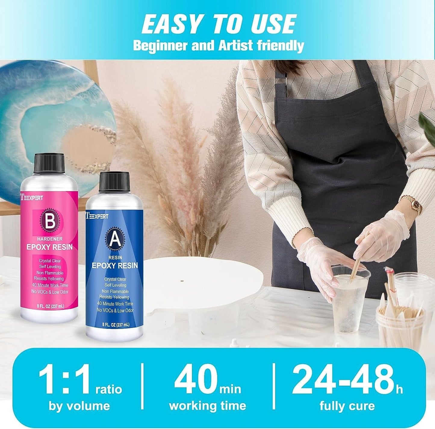 Epoxy Resin Kit 16Oz, Self-Leveling, Crystal Clear & Bubble-Free Epoxy Resin, Coating and Casting Resin for DIY Art, Jewelry, Coasters, Molds - 1:1 Easy Mix (8Oz Resin and 8Oz Hardener) - WoodArtSupply
