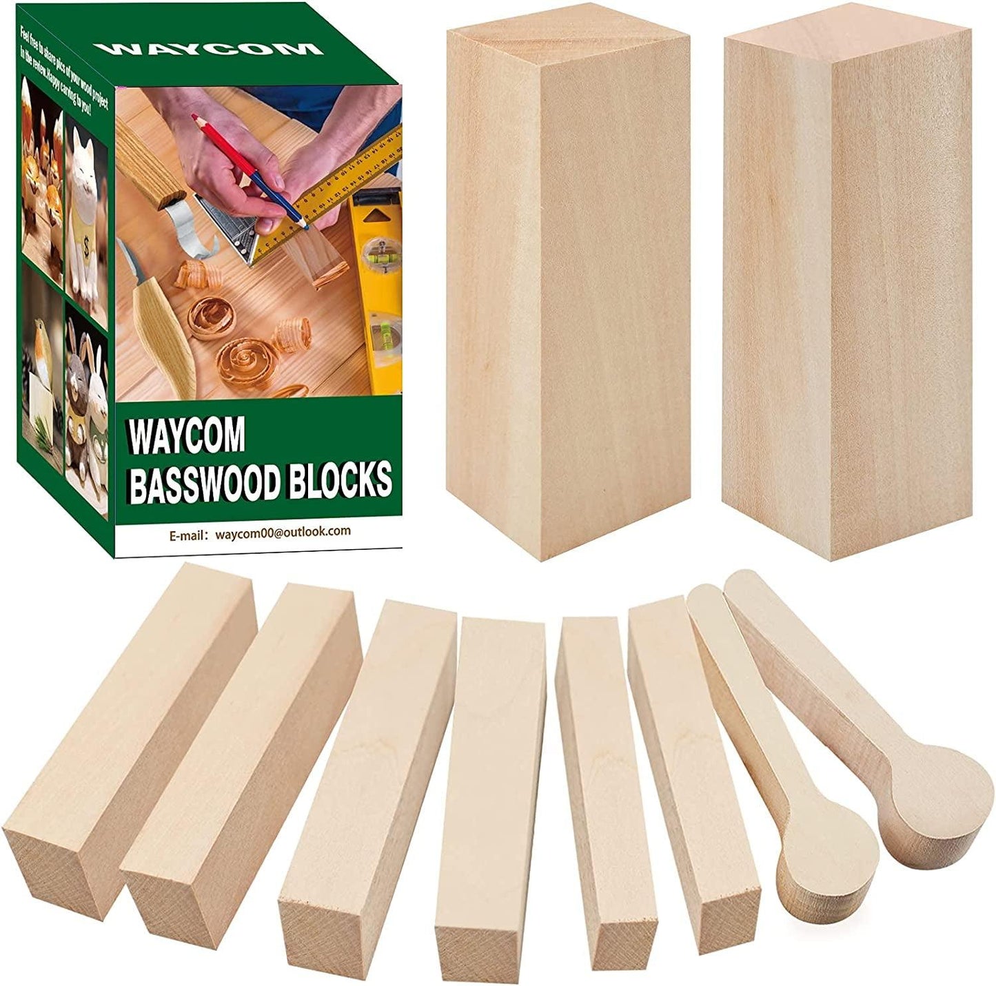 10 Pcs Unfinished Natural Basswood Carving Blocks Set,Premium Spoon Blank,Wood Blocks - WoodArtSupply