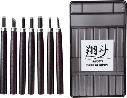 Shoto. Made in Japan. ７Pc.Wood Knife Kit, Wood Carving Tools and Case, Hand Carving Tool Set for DIY, Chisels, Gouges, Scrapers, V Parting, Relief Tools for Wood Blocks, Basswood, Softwoods (7)