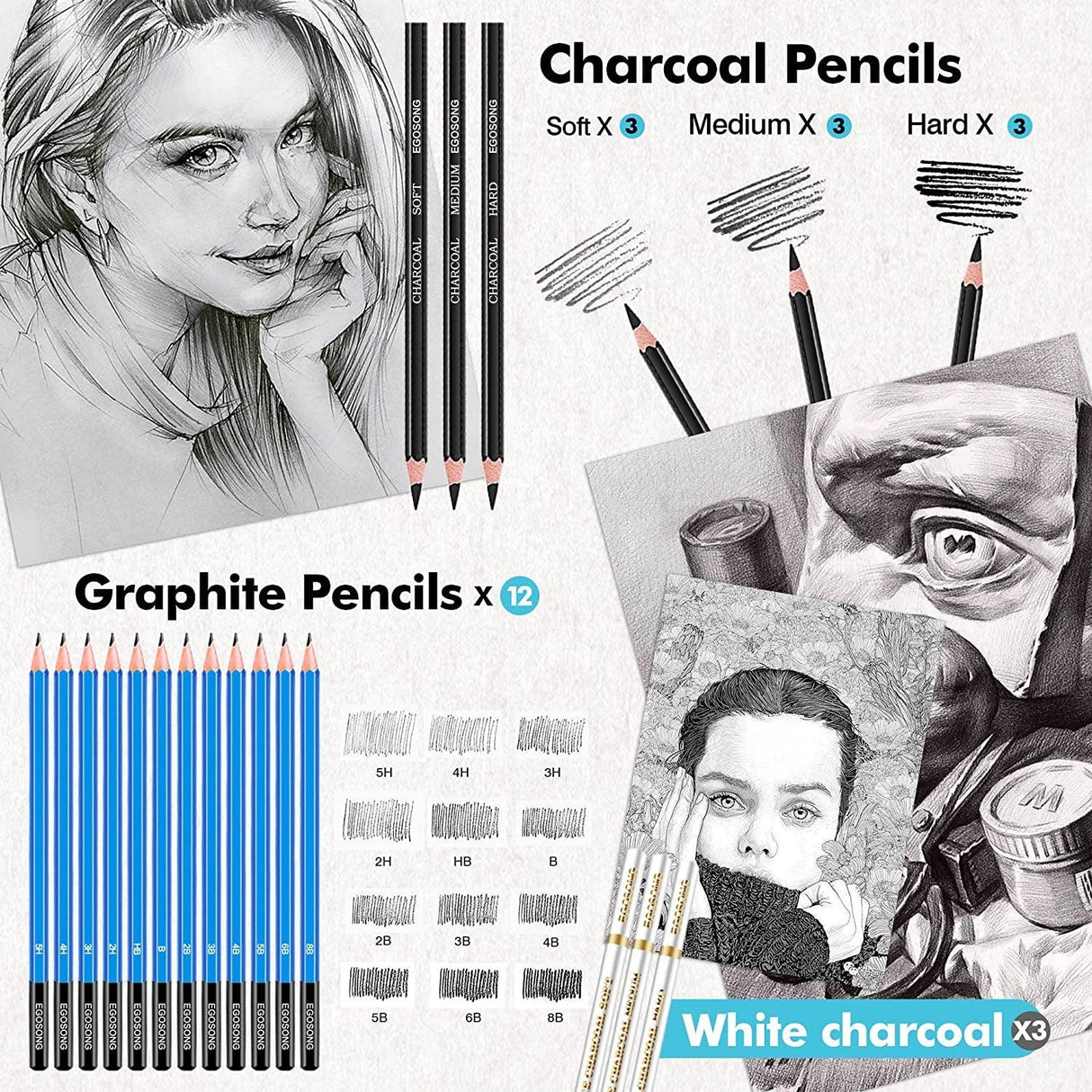 73 Drawing Set Sketching Kit,Pro Art Sketch Supplies with Sketchbook,Tutorial,Graphite,Colored WoodArtSupply