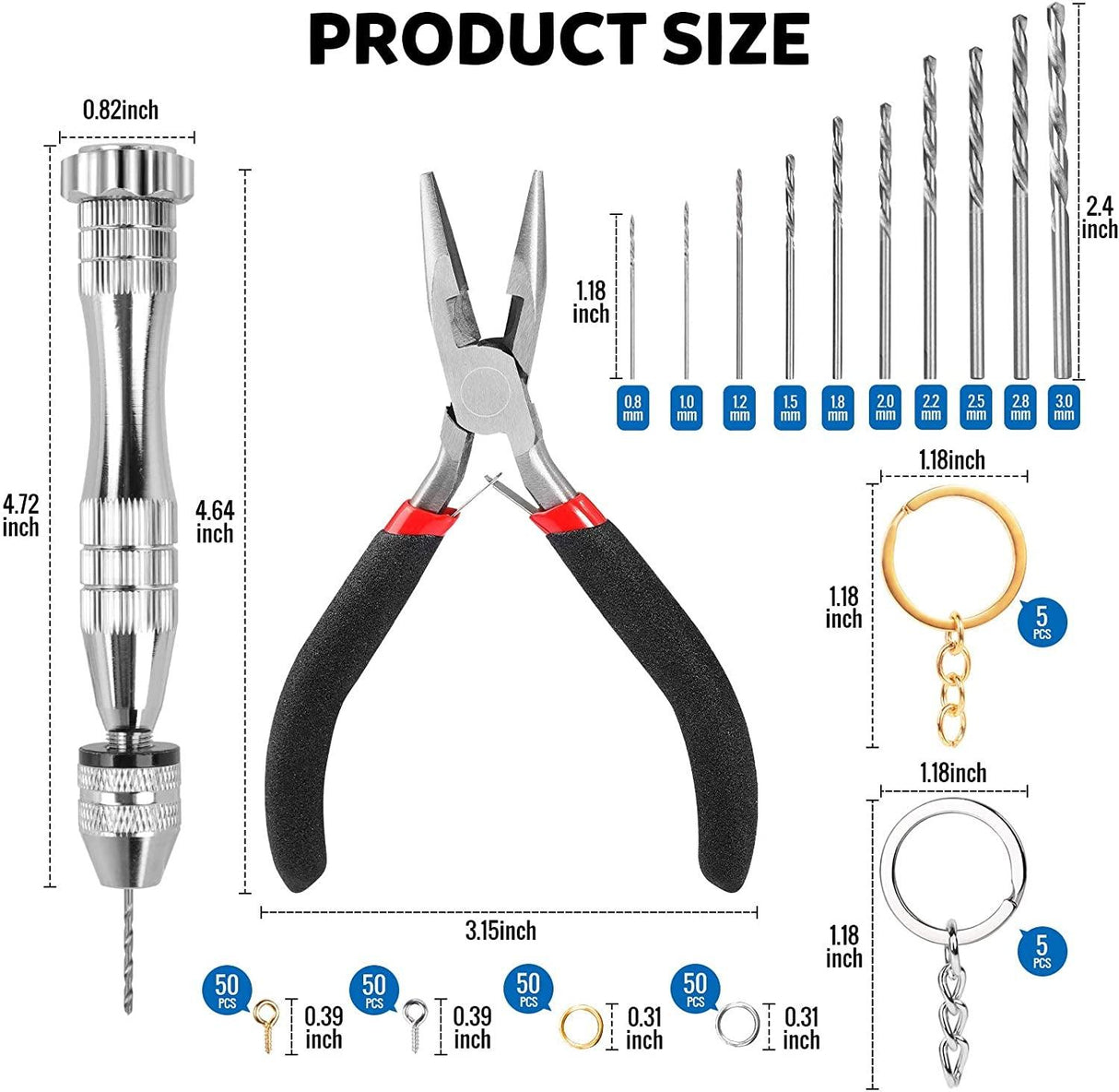 222 PCS Pin Vise Kit for Resin Molds, Steel Hand Drill with Drill Bits & Grip Nose Pliers & Keychain Supplies Jump Rings, Hand Drill for Silicone WoodArtSupply