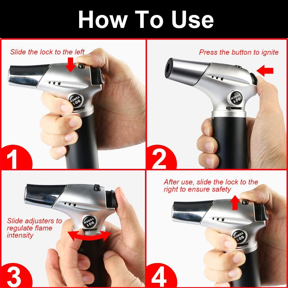 Blow Torch, Professional Kitchen Cooking Torch with Lock Adjustable Flame Refillable Mini Blow Torch Lighter for BBQ, Baking, Brulee Creme, Crafts WoodArtSupply