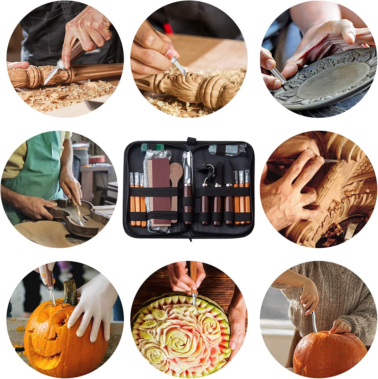 Wood Carving Tools Set,Detail and Hook Carving Knife Kit for Beginners,Trimming Knife for Spoon Bowl Cup Woodwork,Round Handle Design and 6Pcs SK2 WoodArtSupply