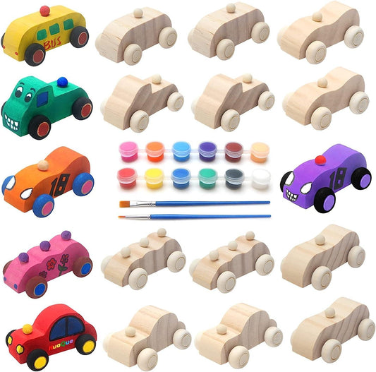 Unfinished Wooden Cars, Come with 18Pcs Unfinished Wooden Toy Cars and 1 Set Paint Colors - WoodArtSupply