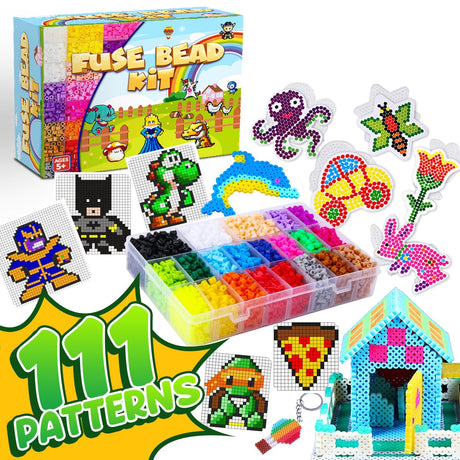 GoodyKing 5500 pcs+ Arts and Crafts Fuse Beads Kit for Kids with Instruction - 5mm Pixel Art Melty Plastic Beads Set with 111 Patterns, 21 Assorted Goody King