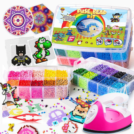 GoodyKing Board Fuse Beads Iron Set - Fuse Beads Set for Kids Crafts with Bead Pegboard and Aqua Pony Beads, Pixel Art and Craft Bead Kit (Large Set Goody King