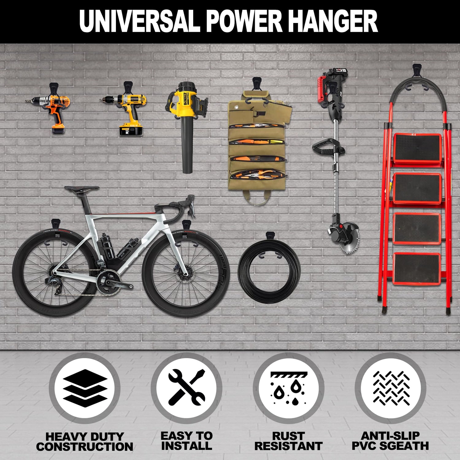 Heevir Garden Power Tool Hanger - 4Pcs Steel String Trimmer Holder Wall Mount, Grass Trimmer Organizer, Weed Eater Rack Garage Storage Hook for Weed Heevir