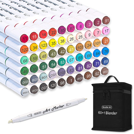 Shuttle Art 61 Colors Dual Tip Art Markers, 60 Colors plus 1 Blender Permanent Marker Pens Highlighters with Case Perfect for Illustration Adult Shuttle Art