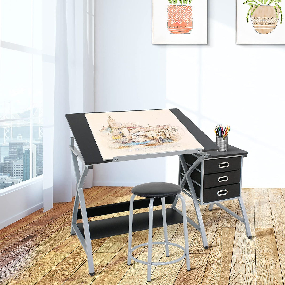 ZENY Drafting Table and Stool Set Tabletop Tilted Drawing Table Drafting Desk w/Drawers Artists Workstation, Art Craft Supplies ZENY