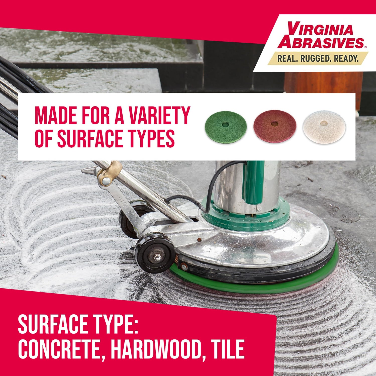 Virginia Abrasives 416-5017PAK - 3 Pack - 17" Thick Round Floor Maintenance Pad Kit with One Each: Green, Red & White Pad - Synthetic Non-Woven Floor Virginia Abrasives