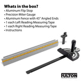 Fulton Precision Miter Gauge with Aluminum Miter Fence with 45 degree Angled Ends for Maximum Stock Support and a Repetitive Cut Flip Stop Fulton