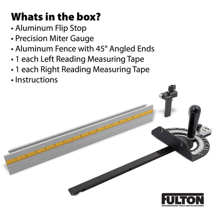 Fulton Precision Miter Gauge with Aluminum Miter Fence with 45 degree Angled Ends for Maximum Stock Support and a Repetitive Cut Flip Stop