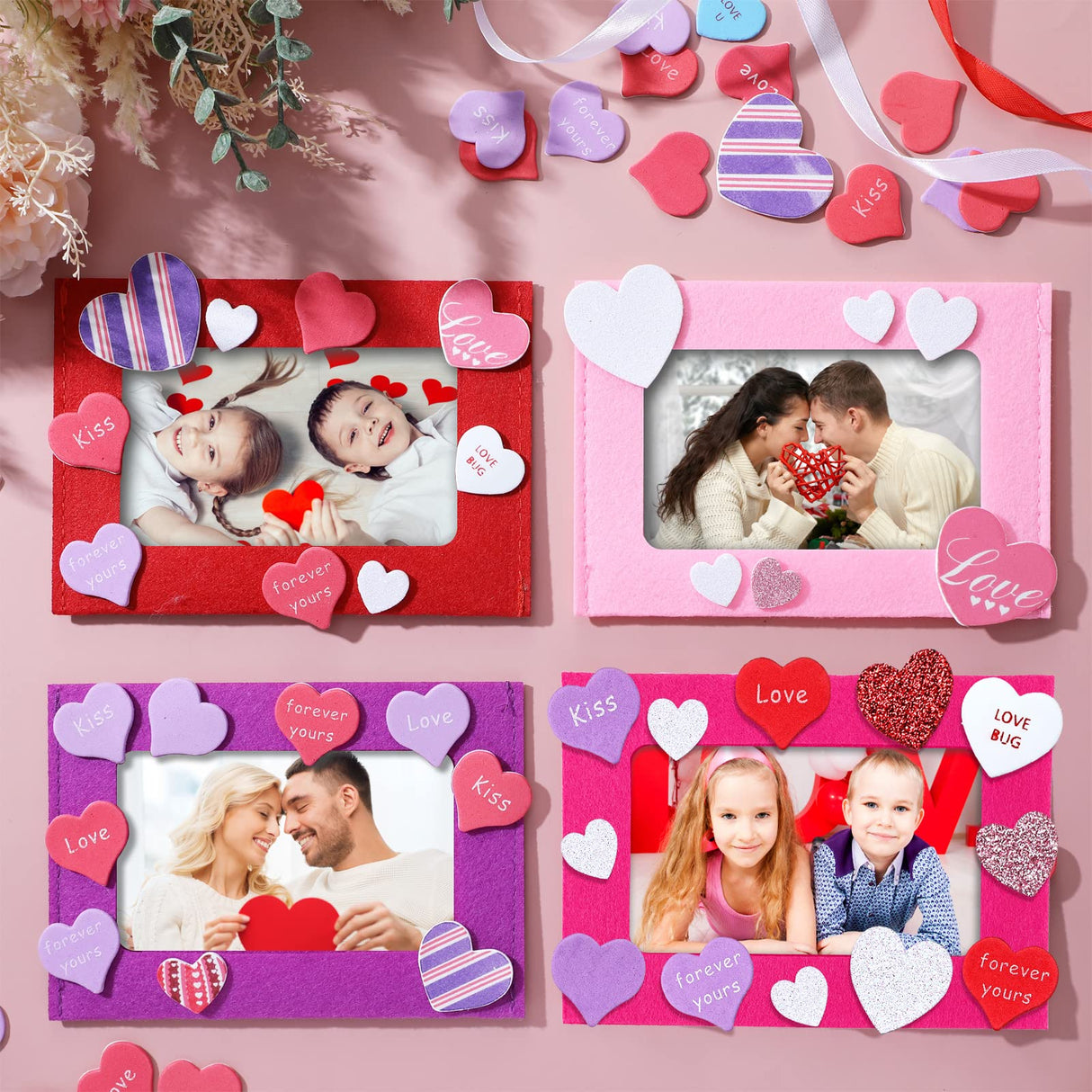 Ferraycle 232 Pieces Valentines DIY Picture Frames Craft Kit for Kids 32 Pieces Valentine Photo Frames with 200 Pieces Heart Shaped Foam Stickers for Ferraycle