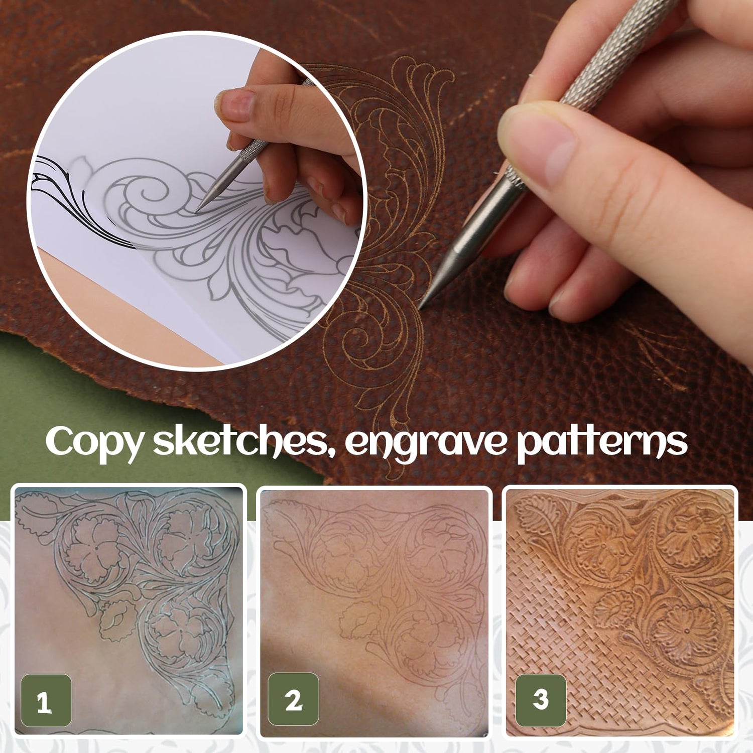 QMNNMA Leather Stamping Tools, Saddle Making Stamp Punch Set with Leather Scriber Pen, Leather Working Hammer and Tracing Paper, for Leather Carving QMNNMA