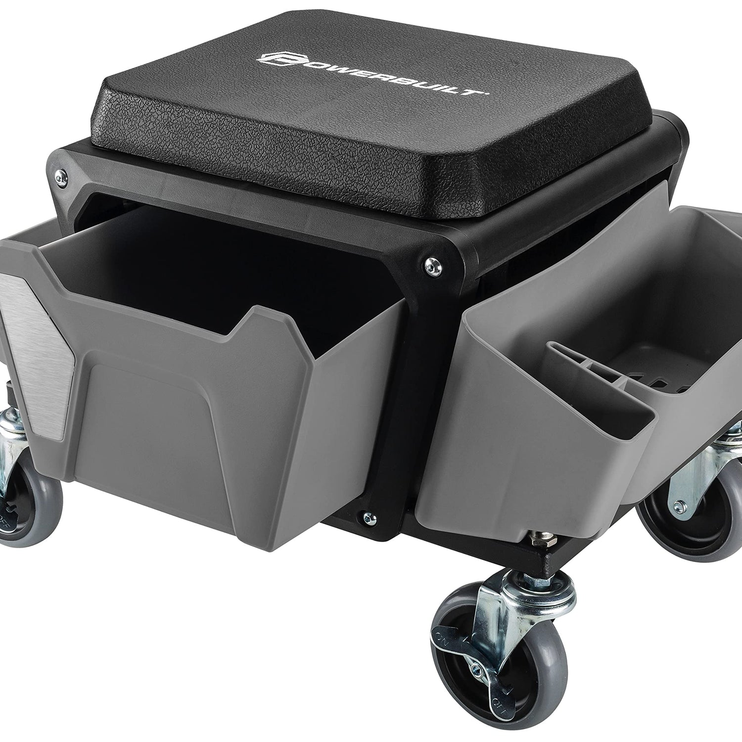 Powerbuilt Rolling Work Seat Brake Stool with 4-inch Rubber Lockable Wheels, Big Seating Platform, Tool Trays and Drawer 330 lb. Capacity, Mechanics, Powerbuilt