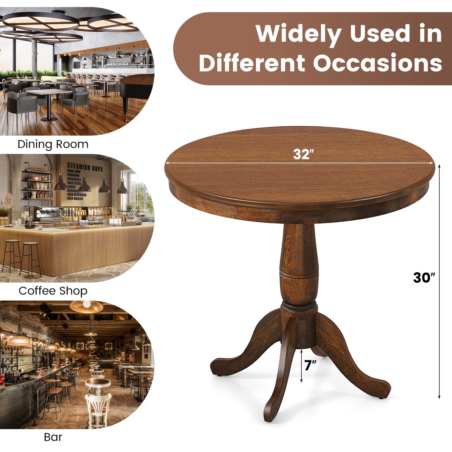 Giantex Table 32" D X 30" H Wooden Round Pub Pedestal Side Table, Adjustable Foot Pads, Spacious Table Top, Multi-Purpose End Table for Bar, Kitchen, Giantex