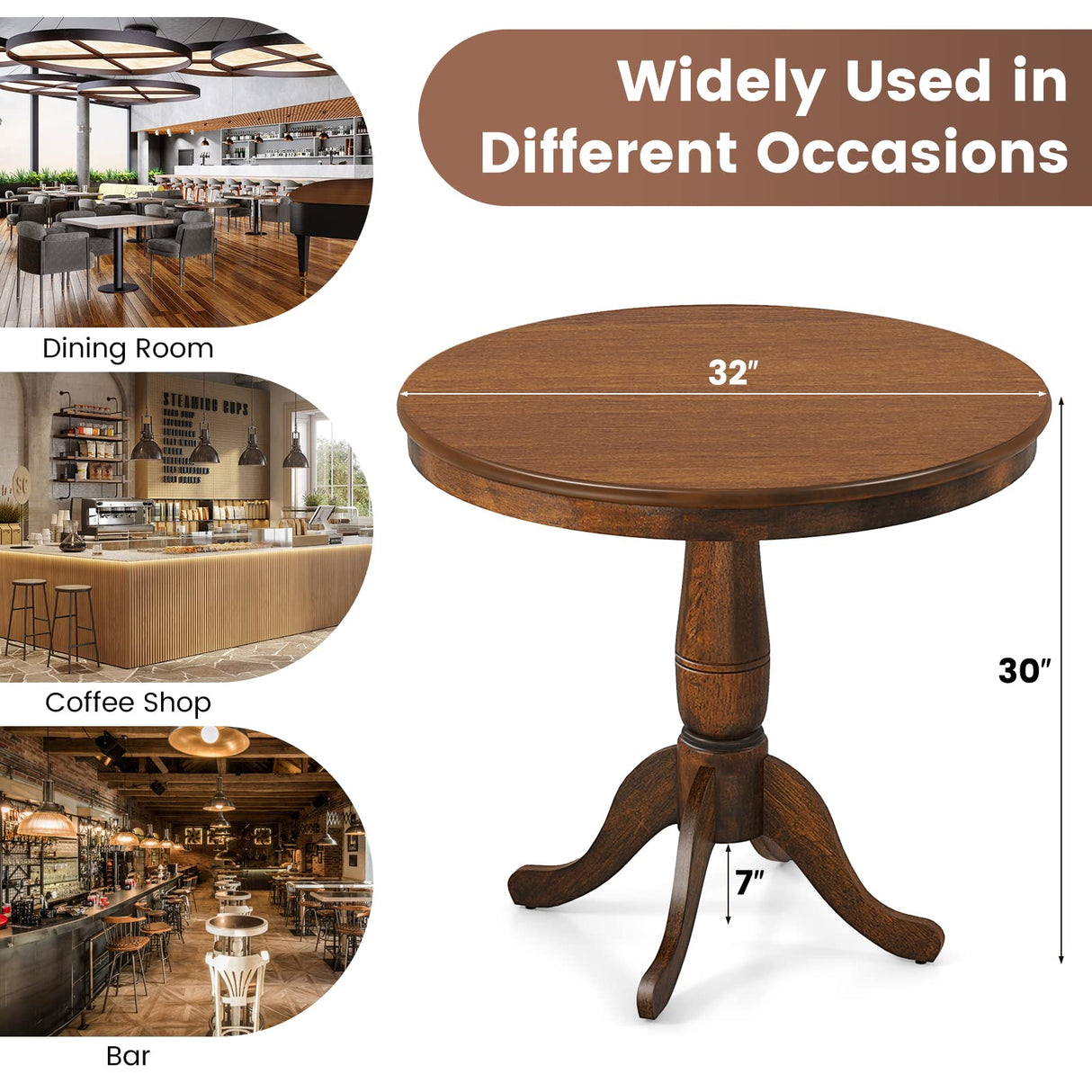Giantex Table 32" D X 30" H Wooden Round Pub Pedestal Side Table, Adjustable Foot Pads, Spacious Table Top, Multi-Purpose End Table for Bar, Kitchen, Giantex