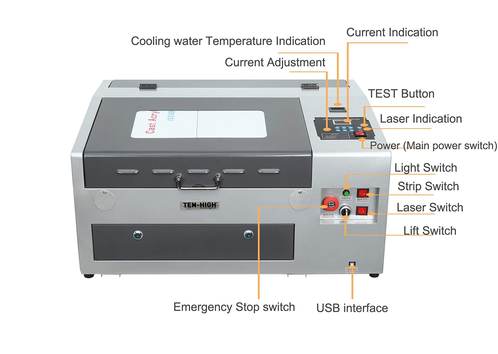 TEN-HIGH CO2 Engraving Machine 40W 300x400mm Laser Engraving Machine with Exhaust Fan USB Port, Standard Version Grey - WoodArtSupply