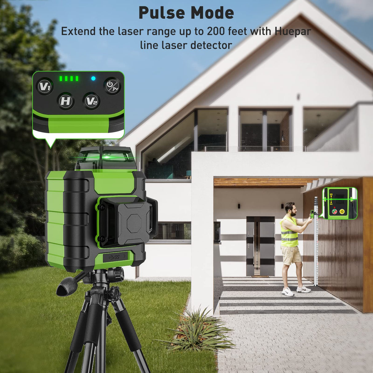 Huepar 3x360 Green Cross Line Laser Level with Pulse Mode, Li-ion Battery, Hard Case Huepar