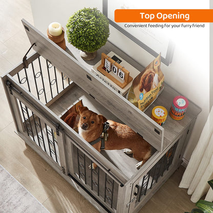 IchbinGo Dog Crate Furniture with Sliding Barn Door, 39" Wooden Dog Kennel End Table with Wheels and Flip-top Plate Dog House with Detachable Divider - WoodArtSupply