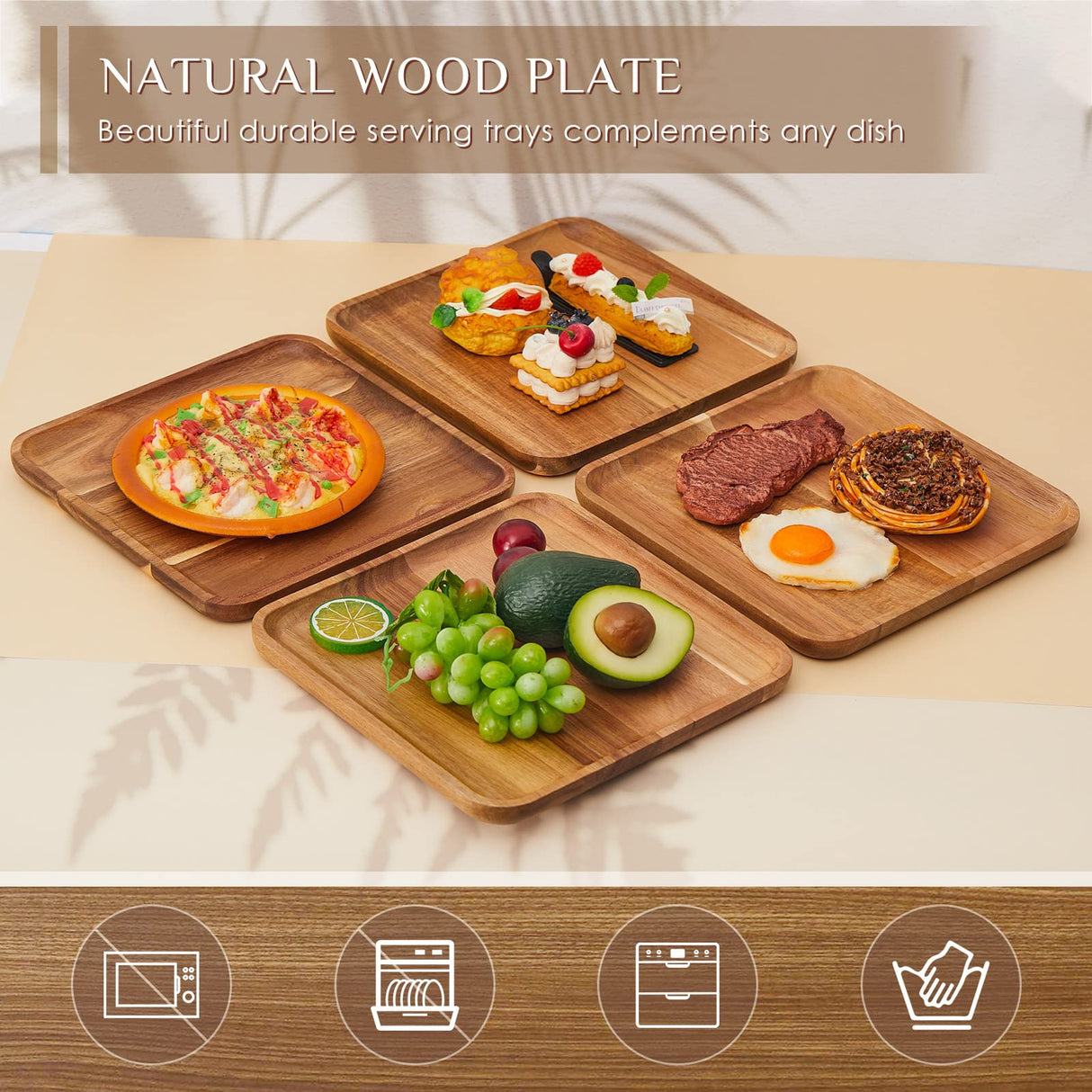 Didaey 6 Pcs Acacia Wood Square Plates 10" Wooden Plates Serving Trays for Meal Dishes Snack Dessert Easy Cleaning and Lightweight Didaey