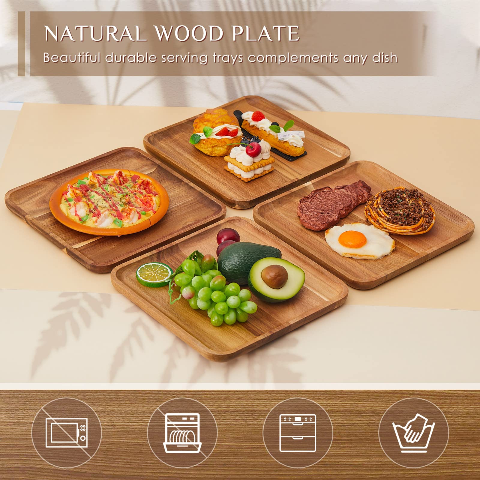 Didaey 6 Pcs Acacia Wood Square Plates 10" Wooden Plates Serving Trays for Meal Dishes Snack Dessert Easy Cleaning and Lightweight - WoodArtSupply