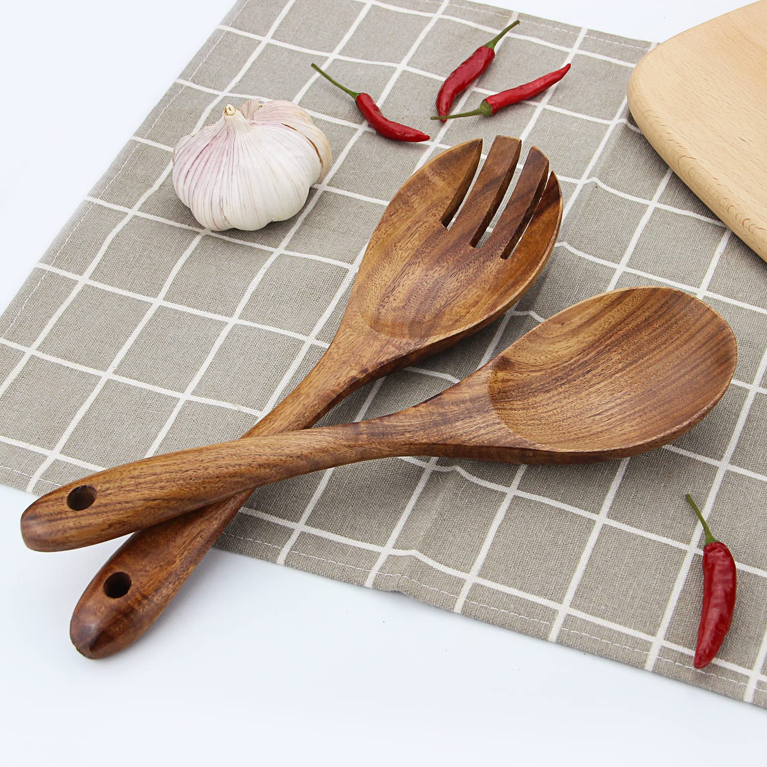 AOOSY Wooden Salad Bowls, Large Acacia Wood Salad Serving Bowl with Serving Tongs, 9.3" D x 2.8" H Round Bowls Set for Mixing Fruits Cereal Pasta AOOSY