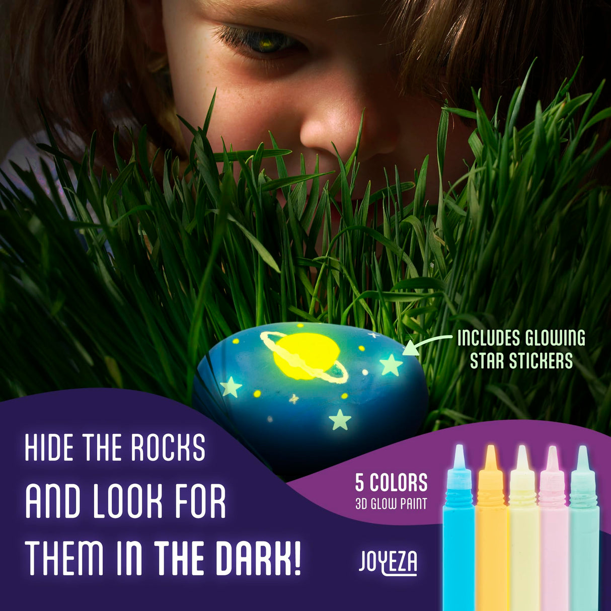JOYEZA Rock Painting Kit Glow in The Dark, Arts and Crafts for Girls and Boys Age 6+, 12 Painting Rocks for Kids, Waterproof Paints, Kids Activities JOYEZA