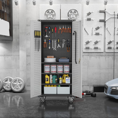 GangMei Metal Garage Storage Cabinet with Wheels, Lockable Metal Cabinet, Rolling Pegboard Cabinet with Adjustable Shelves for Warehouse, Basement, - WoodArtSupply