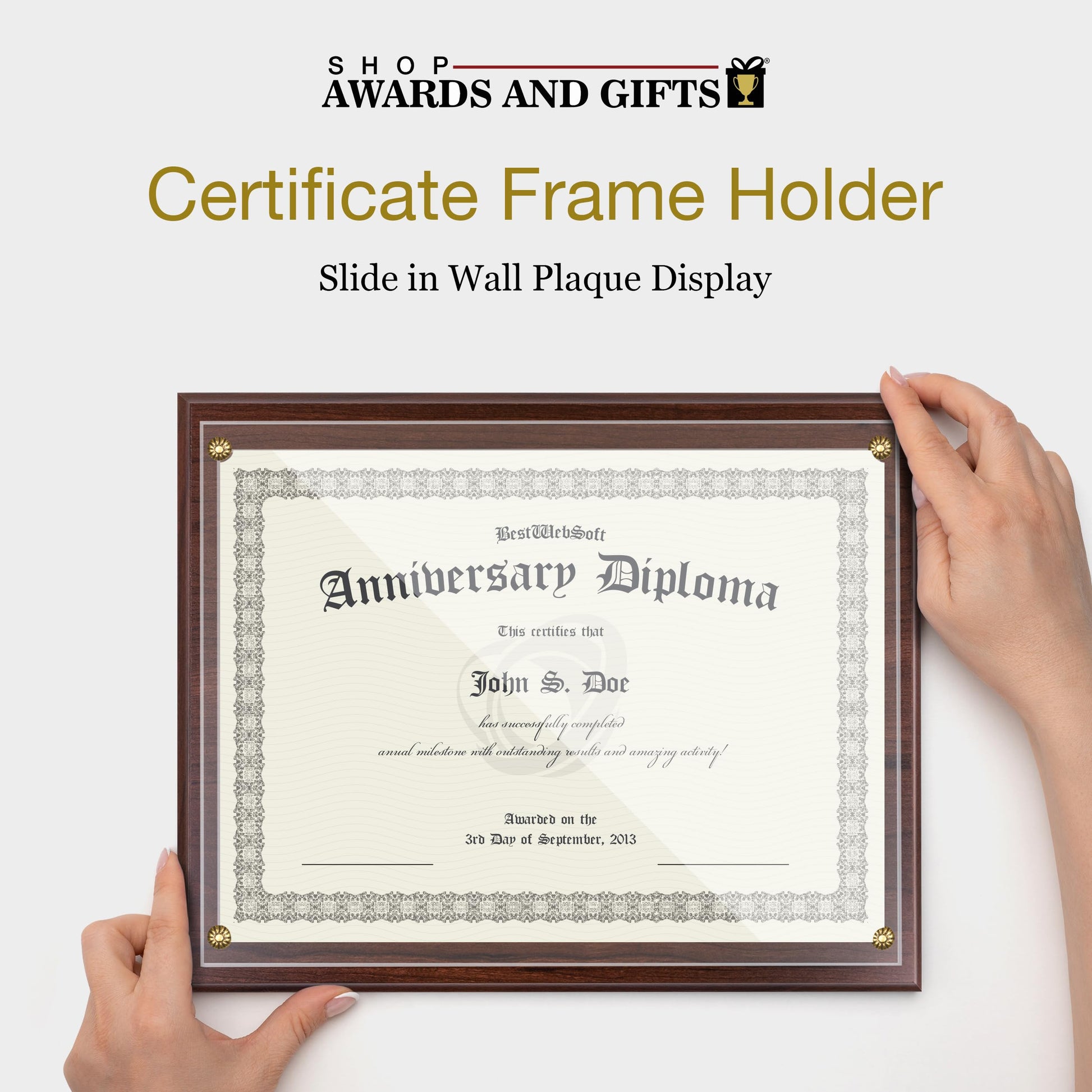 SHOP AWARDS AND GIFTS 8.5 x 11 Certificate Frame Holder, Slide in Wall Plaque Display, 10.5 x 13 Inch Board, Multiple Colors (Walnut) - WoodArtSupply