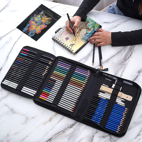 Prina 76 Pack Drawing Set Sketching Kit, Pro Art Supplies with 3-Color Sketchbook, Include Tutorial, Colored, Graphite, Charcoal, Watercolor & PRINA