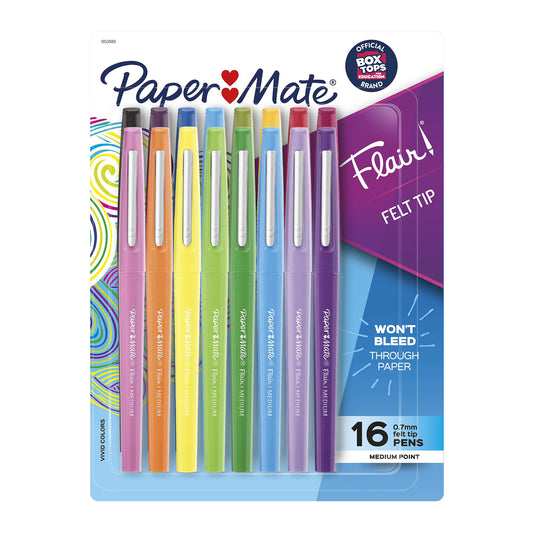 Paper Mate Flair Felt Tip Pens, Medium Point (0.7mm), Assorted Colors, 16 Count - WoodArtSupply