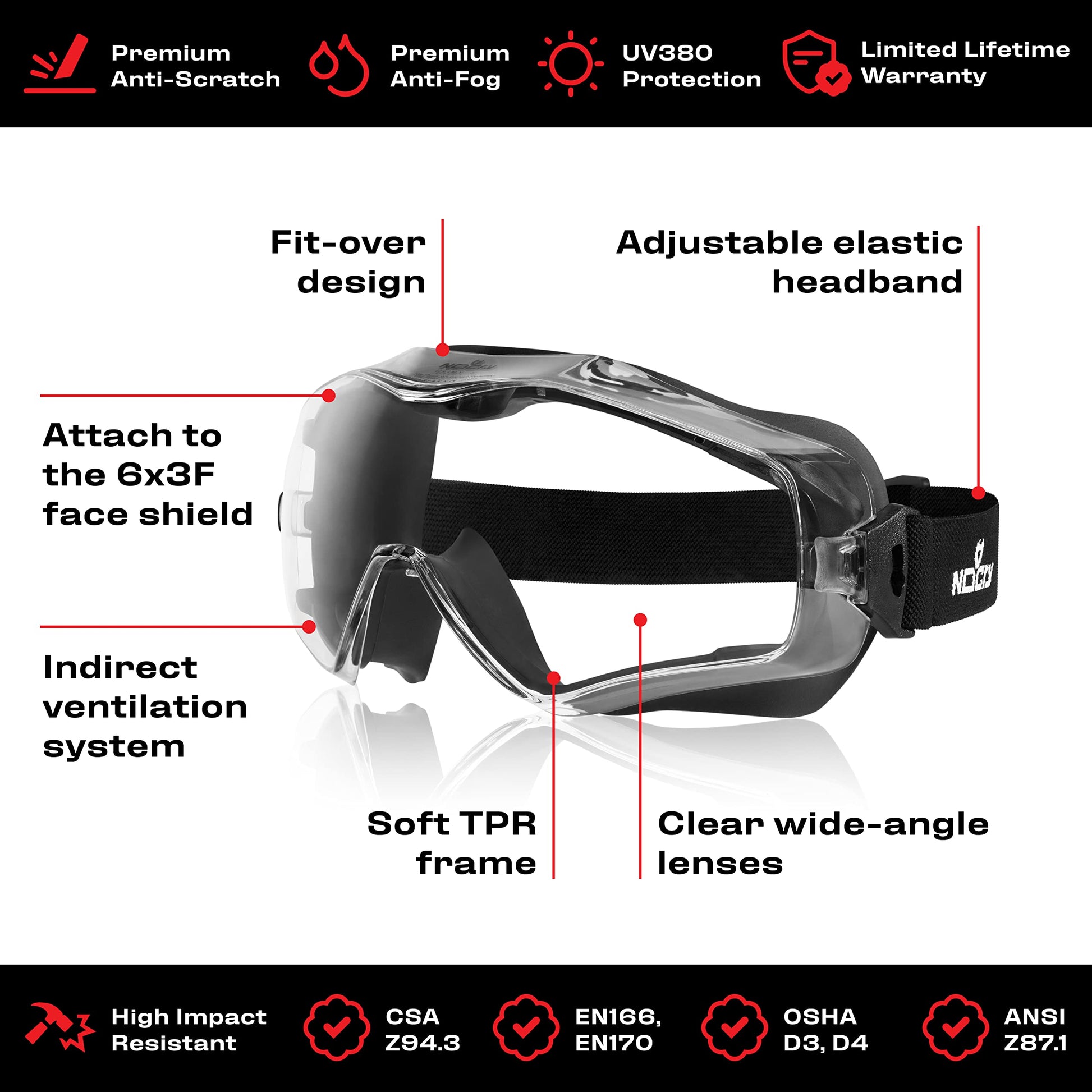 NoCry Safety Goggles Over Glasses for Men and Women; Anti Fog Scratch Resistant Men; Vented Lab with Extreme Impact Resistance; ANSI Z87.1 Certified - WoodArtSupply